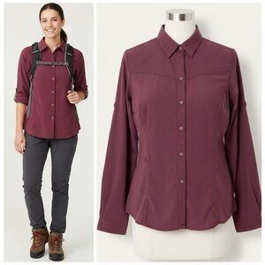 The North Face Burgundy Outdoors Nylon Button Down Shirt Side Pocket Mesh Size L